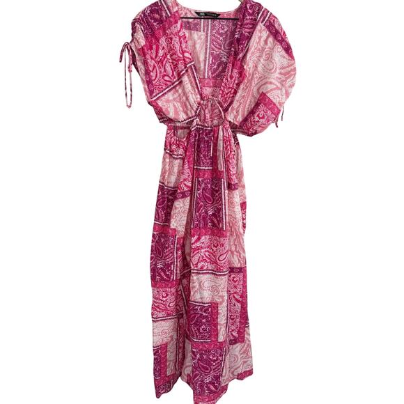 Zara Patchwork Print Dress Pink Cut Out Maxi Size Small - Picture 3 of 14